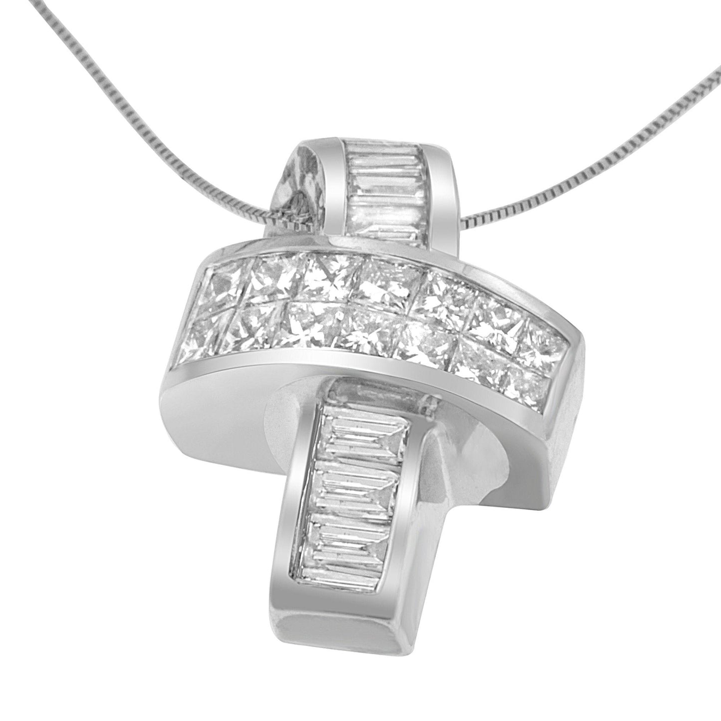 Close-up front angle view of a white metal necklace pendant featuring an overlapping cross design with channel-set white princess-shaped and baguette-shaped gemstones.