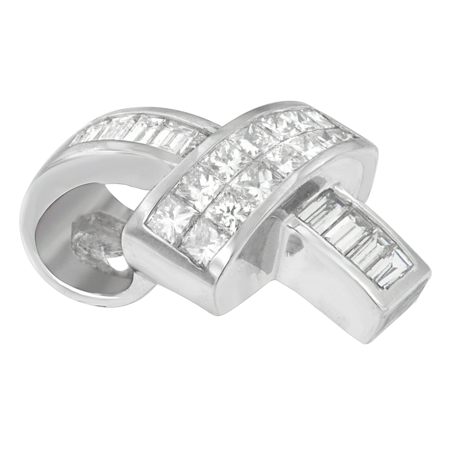 Close-up angled view of a white metal necklace pendant featuring channel-set white gemstones in princess and baguette shapes.