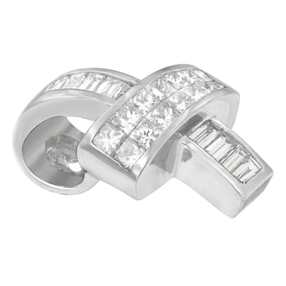 Close-up angled view of a white metal necklace pendant featuring channel-set white gemstones in princess and baguette shapes.