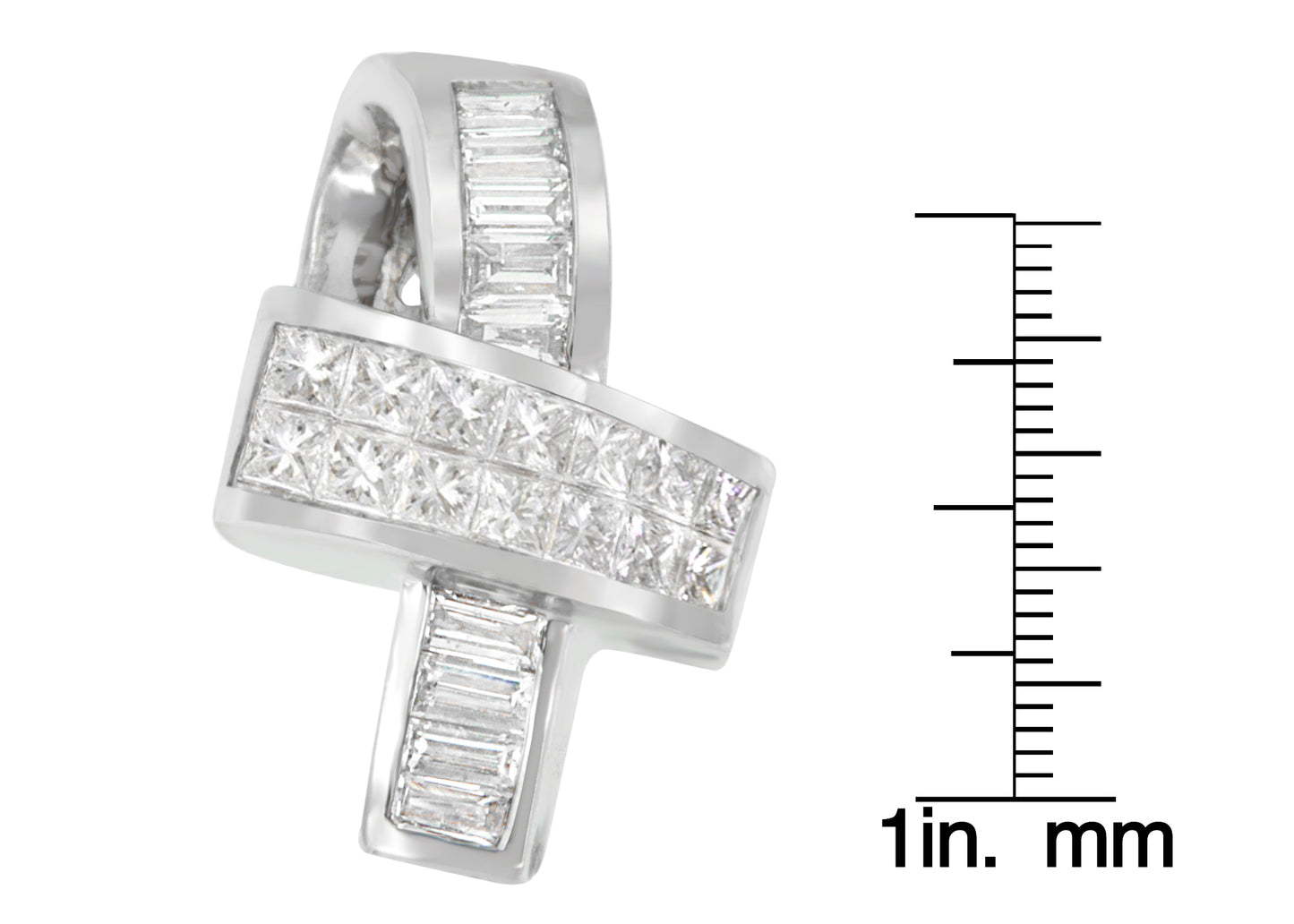 Close-up front angle of a white metal necklace pendant with channel-set white princess shape and baguette shape gemstones, shown next to a ruler for size reference.