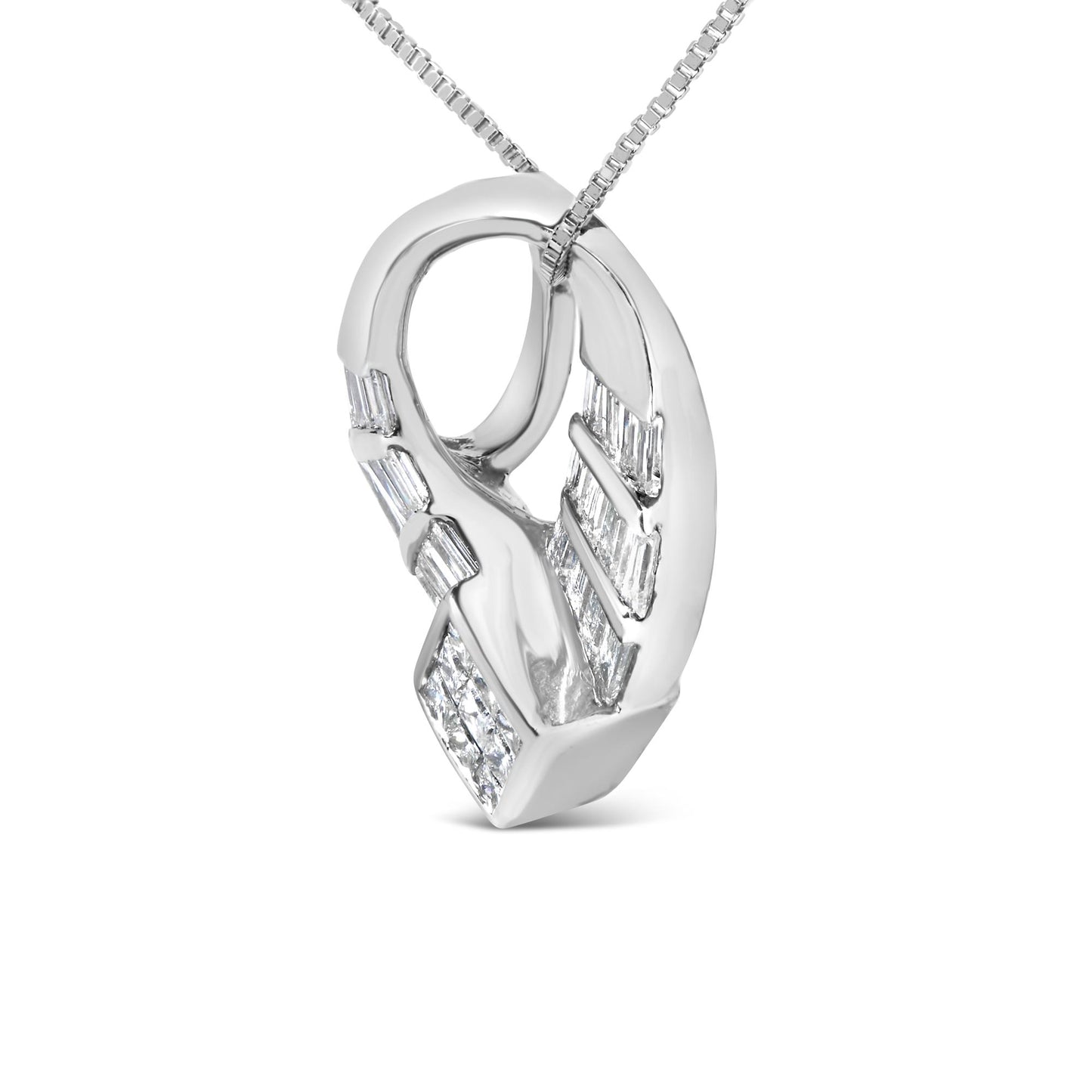 Close-up front angled view of a white necklace pendant with a loop design featuring baguette and princess-shaped white gemstones in channel and invisible settings, hanging on a white chain.