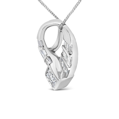 Close-up front angled view of a white necklace pendant with a loop design featuring baguette and princess-shaped white gemstones in channel and invisible settings, hanging on a white chain.