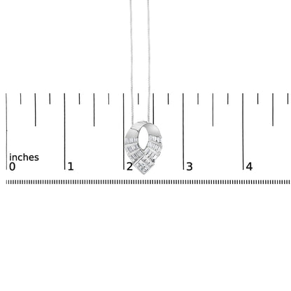 White metal necklace with a loop-shaped pendant featuring channel-set baguette white gemstones and a cluster of princess-shaped invisible-set white gemstones at the bottom, shown on a measuring scale from a front angle.