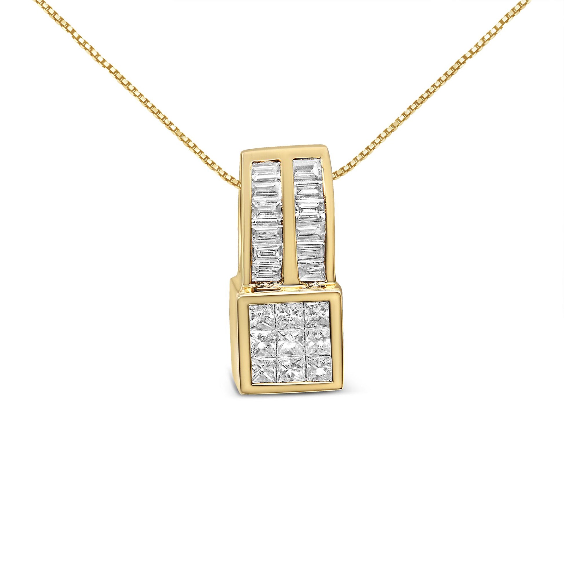 Front-facing shot of a yellow metal necklace pendant featuring two vertical rows of white baguette-shaped gemstones in channel settings above a square cluster of white princess-shaped gemstones in invisible settings.