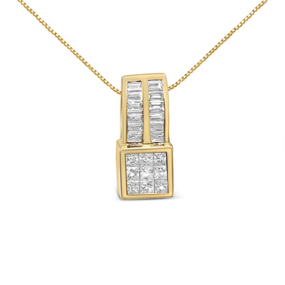 Front-facing shot of a yellow metal necklace pendant featuring two vertical rows of white baguette-shaped gemstones in channel settings above a square cluster of white princess-shaped gemstones in invisible settings.