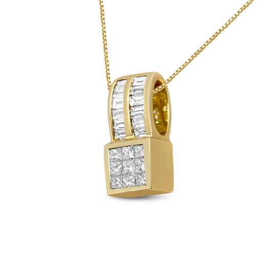 Close-up front angled view of a yellow metal necklace pendant featuring two vertical rows of baguette-shaped white gemstones in channel settings above nine princess-shaped white gemstones in invisible settings, suspended on a delicate yellow chain.