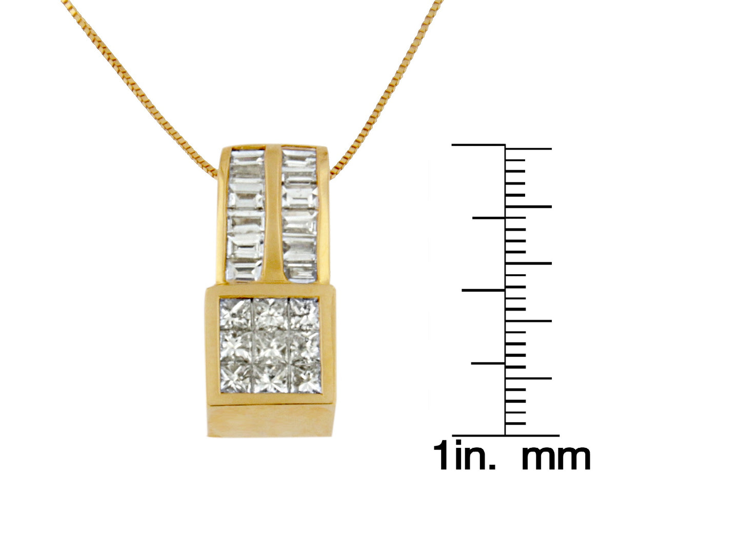 Front view of yellow necklace pendant with two vertical rows of baguette-shaped white gemstones in channel setting and a square section of princess-shaped white gemstones in invisible setting, shown next to a ruler for size reference.