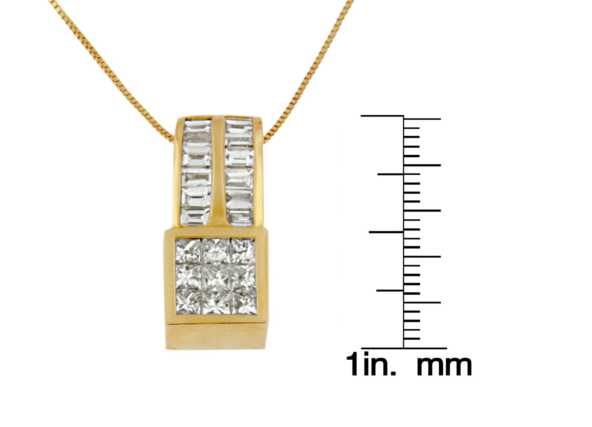 Front view of yellow necklace pendant with two vertical rows of baguette-shaped white gemstones in channel setting and a square section of princess-shaped white gemstones in invisible setting, shown next to a ruler for size reference.