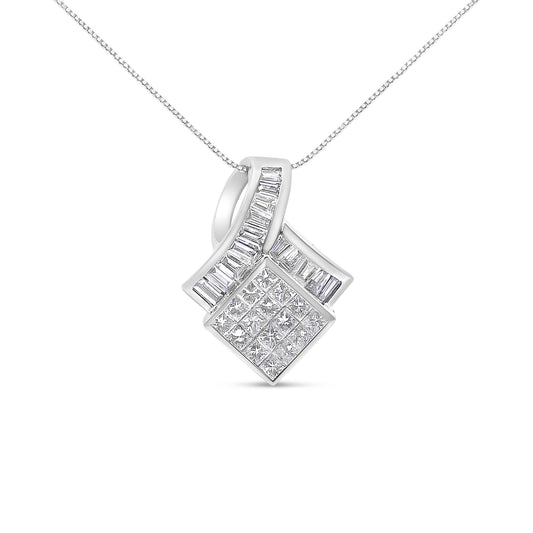 White metal necklace with a geometric pendant featuring a square cluster of princess-shaped white gemstones with invisible setting and two curved rows of baguette-shaped white gemstones in channel setting, shown in a front close-up angle.