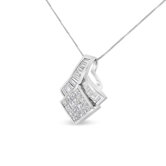 White necklace pendant with a geometric design featuring square and rectangular sections set with white gemstones in channel and invisible settings, shown in a close-up front angle.