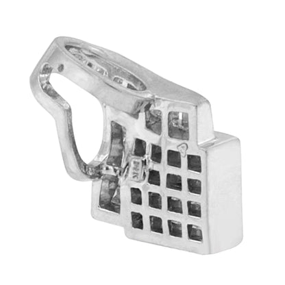 Close-up front angled view of a white metal necklace pendant featuring a grid pattern with small white gemstones in baguette and princess shapes set within the grid.