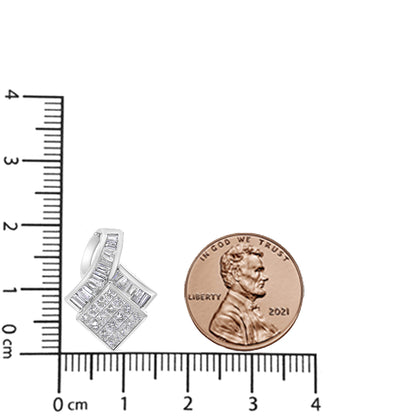 Necklace pendant with white metal, featuring a square section set with princess-shaped white gemstones in an invisible setting, intersected by a curved line of baguette-shaped white gemstones in a channel setting, shown on a scale with a penny for size reference, photographed from the front angle.