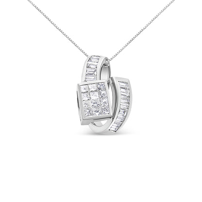 Front angle view of a white metal necklace pendant featuring two curved sections adorned with white gemstones; one section has baguette-shaped gemstones in a channel setting, while the other displays princess-shaped gemstones in an invisible setting.