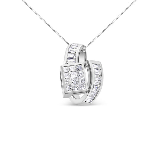 Front angle view of a white metal necklace pendant featuring two curved sections adorned with white gemstones; one section has baguette-shaped gemstones in a channel setting, while the other displays princess-shaped gemstones in an invisible setting.