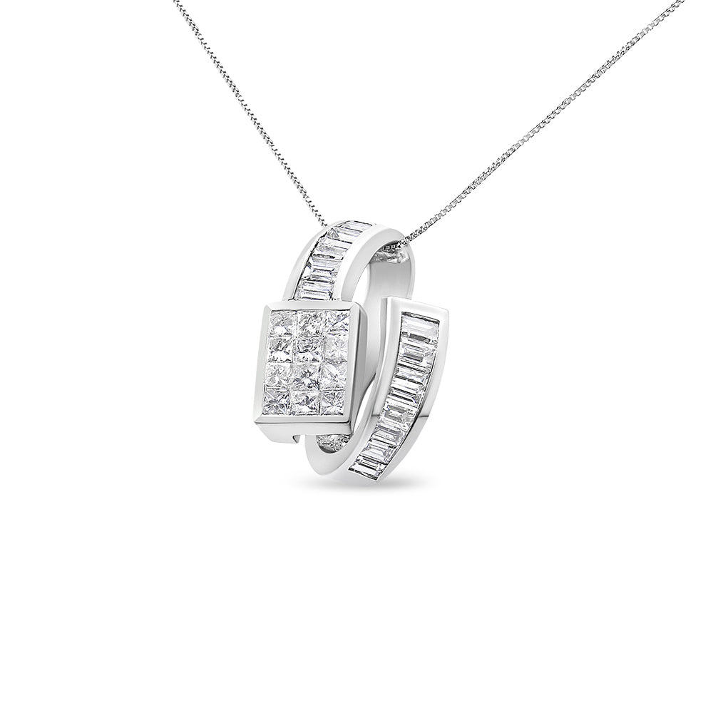 White metal necklace with a loop pendant featuring a central square cluster of princess-shaped white gemstones in invisible setting, flanked by two curved bands set with baguette-shaped white gemstones in channel setting, shown in a front angle shot.