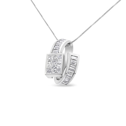 White metal necklace with a loop pendant featuring a central square cluster of princess-shaped white gemstones in invisible setting, flanked by two curved bands set with baguette-shaped white gemstones in channel setting, shown in a front angle shot.