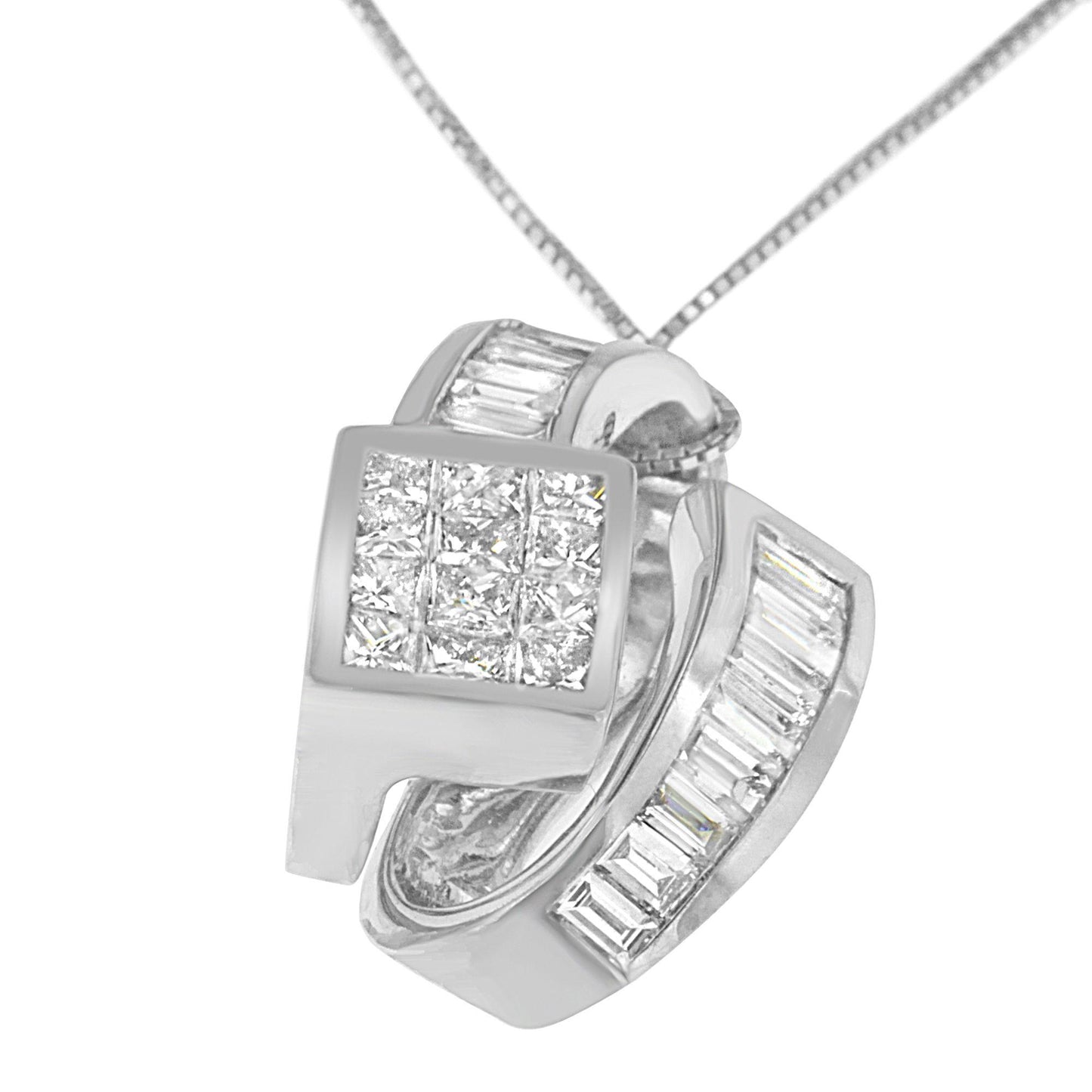Close-up front angle of a white metal necklace pendant featuring intertwined bands with channel-set baguette-shaped white gemstones and a square cluster of princess-shaped white gemstones in an invisible setting.