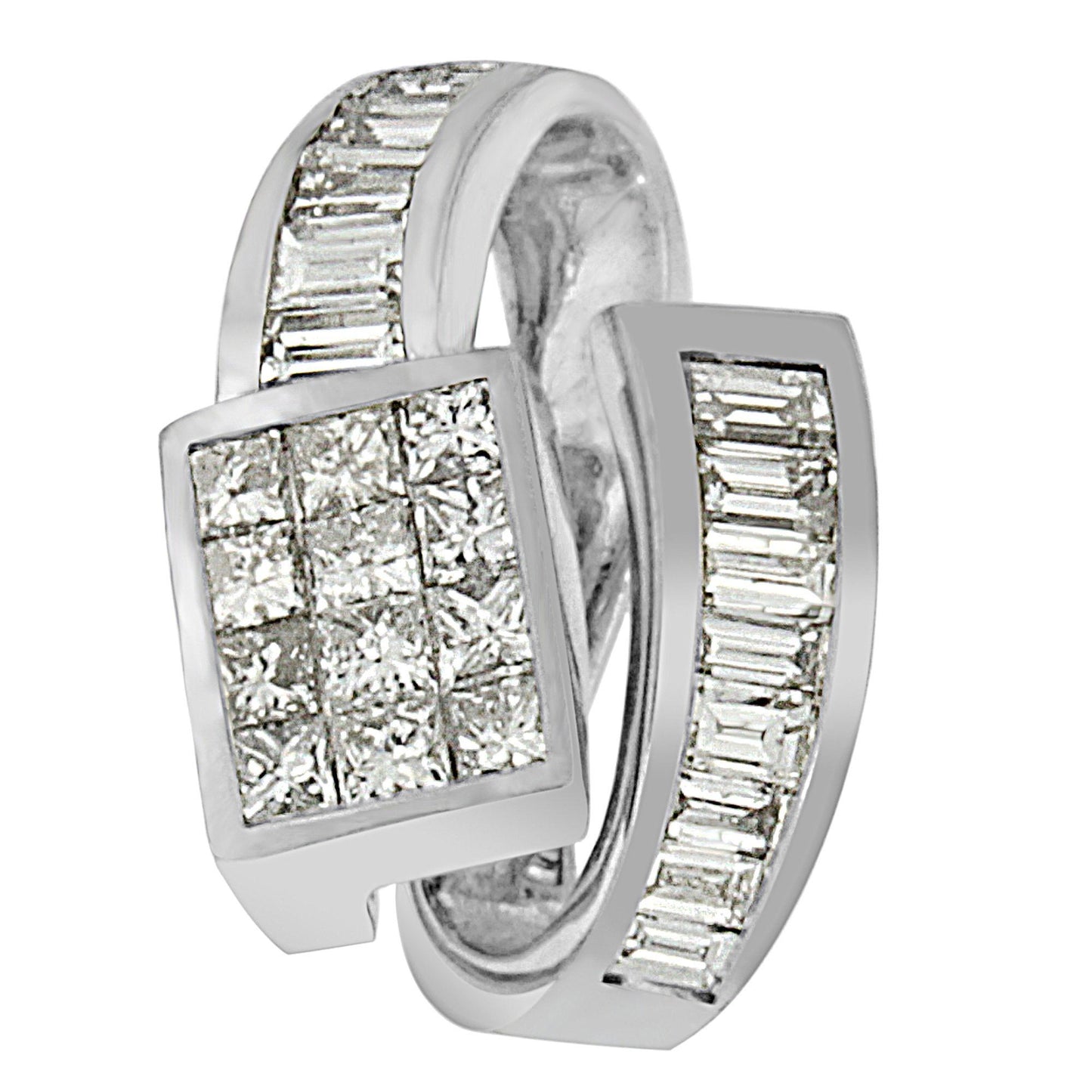 Close-up front angle of a white metal necklace featuring two overlapping bands, one with square white gemstones in an invisible setting and the other with baguette-shaped white gemstones in a channel setting.