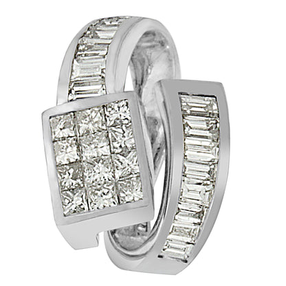 Close-up front angle of a white metal necklace featuring two overlapping bands, one with square white gemstones in an invisible setting and the other with baguette-shaped white gemstones in a channel setting.