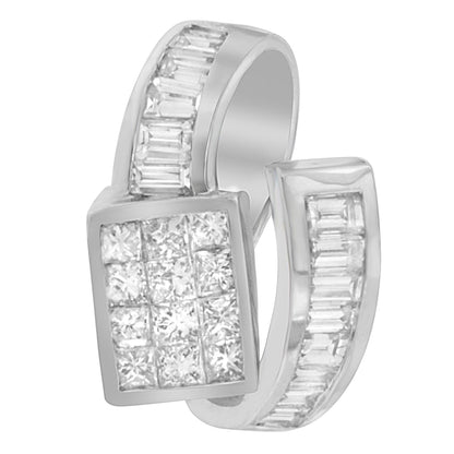 Close-up angled view of a white metal necklace featuring a curved design with channel-set white baguette-shaped gemstones along the curves and a rectangular cluster of invisibly-set white princess-shaped gemstones at the center.