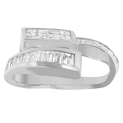 White metal necklace with overlapping rectangular segments, set with white baguette and princess-shaped gemstones, shown in a side angle.