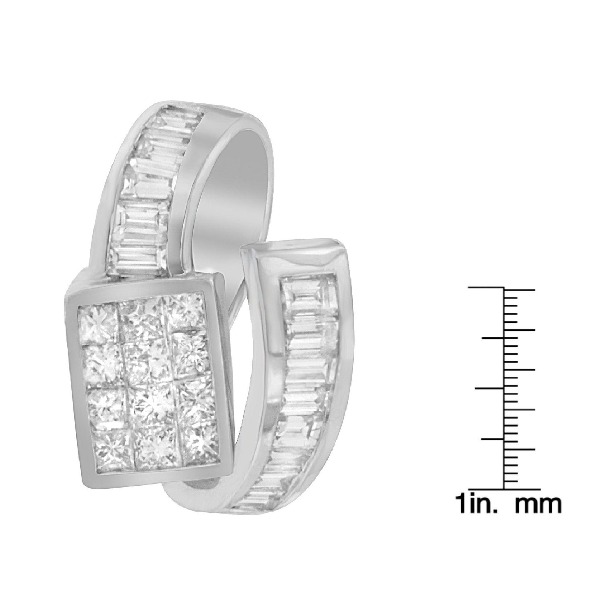 Close-up front angle of a white metal necklace featuring a central square cluster of princess-shaped white gemstones in invisible setting, flanked by curved bands of baguette-shaped white gemstones in channel setting, shown with a ruler for size reference.