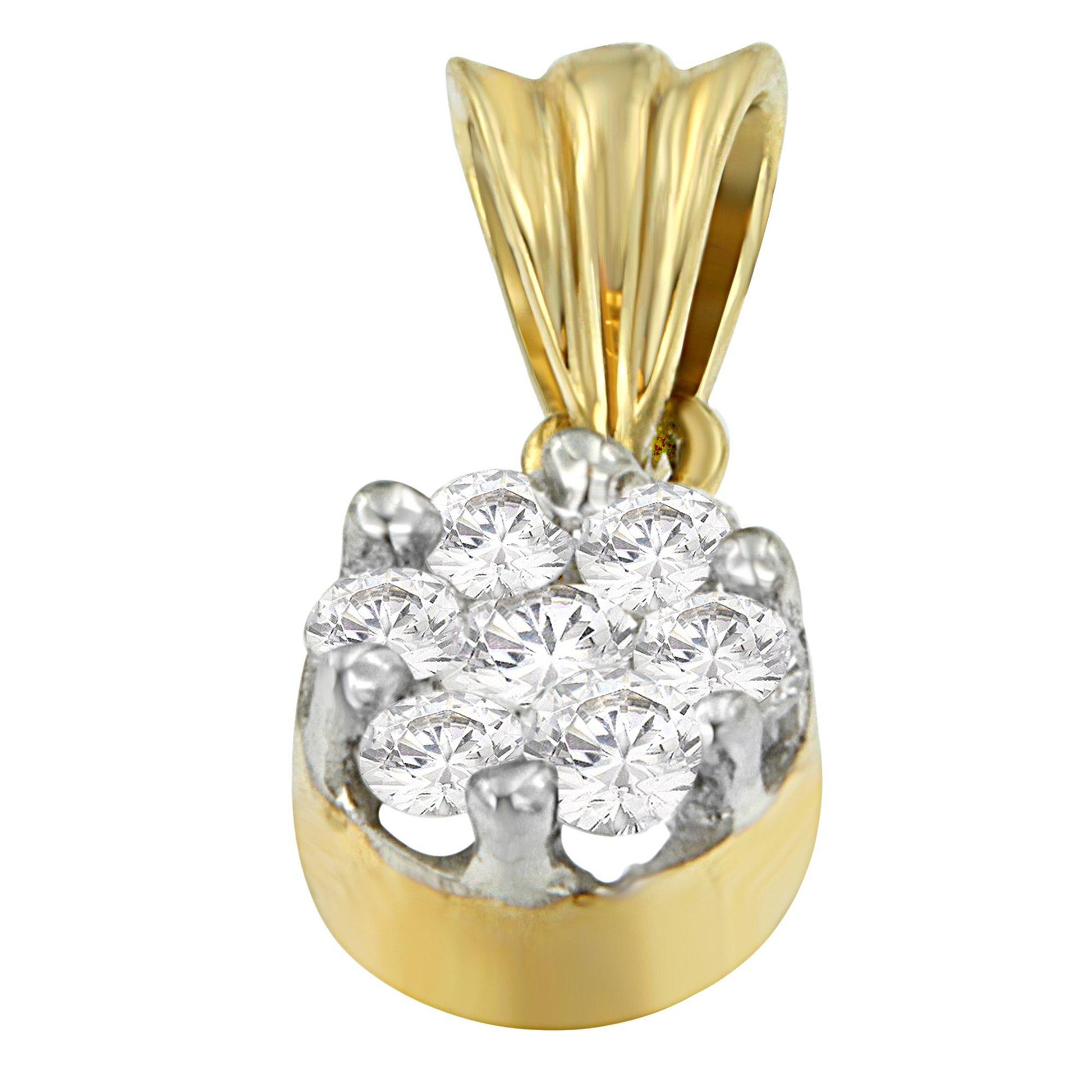 Close-up front angle of a yellow metal necklace pendant with seven round white gemstones in prong settings.