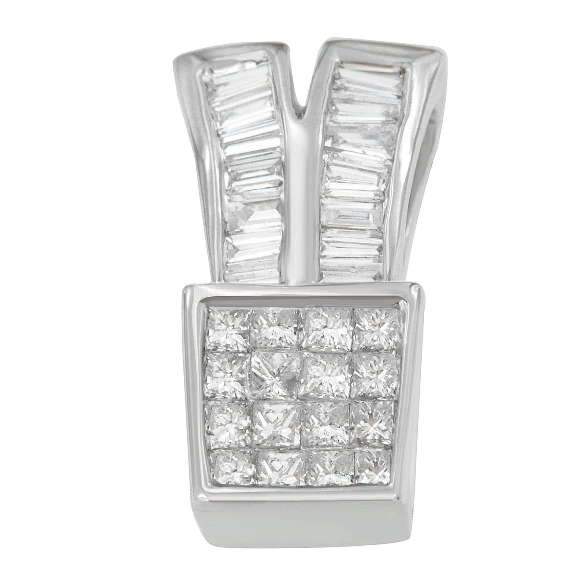 Close-up front view of a white metal necklace pendant featuring channel-set white baguette-shaped gemstones on the upper part and channel-set white princess-shaped gemstones on the lower square part.