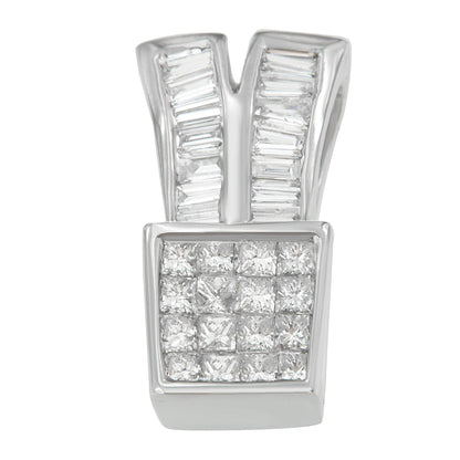 Close-up front view of a white metal necklace pendant featuring channel-set white baguette-shaped gemstones on the upper part and channel-set white princess-shaped gemstones on the lower square part.