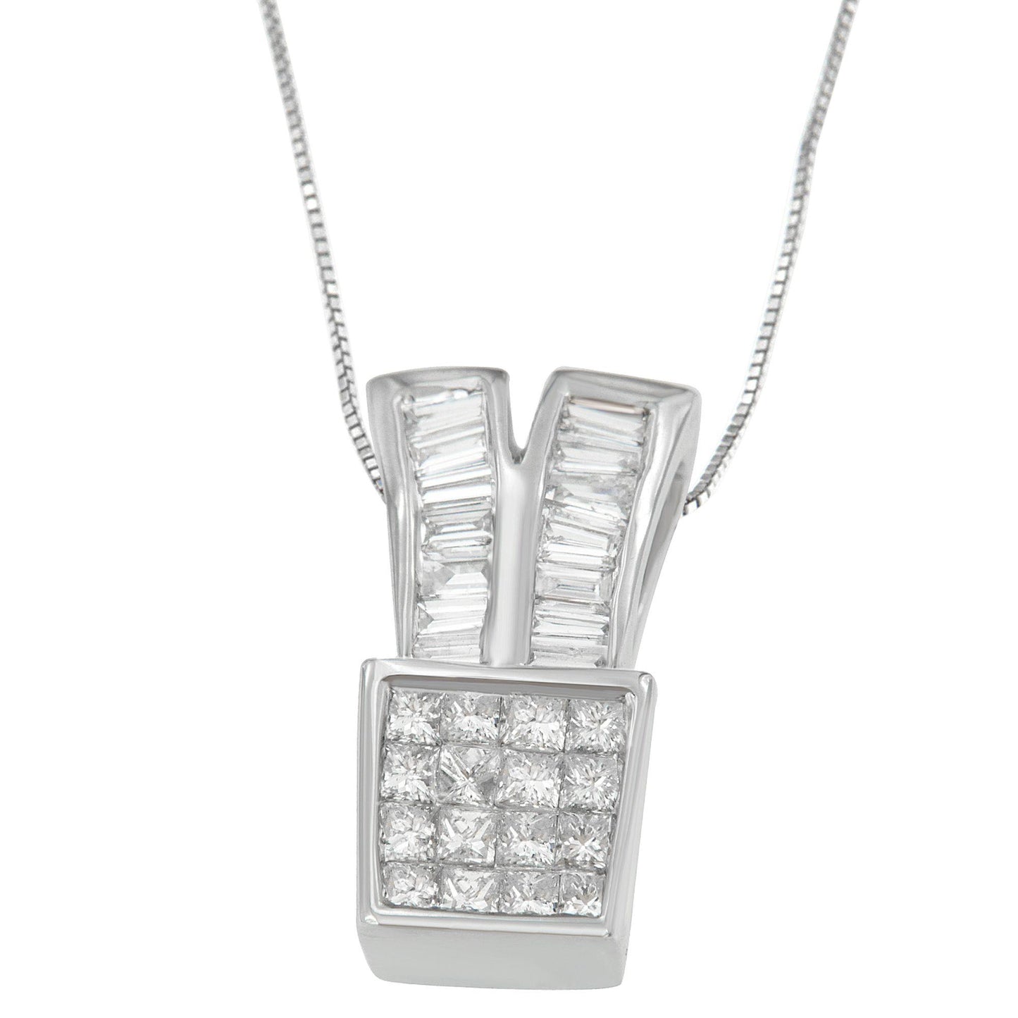 Front-facing close-up of a white metal necklace pendant featuring a square section with princess-shaped white gemstones in a channel setting and two upward bands set with baguette-shaped white gemstones.