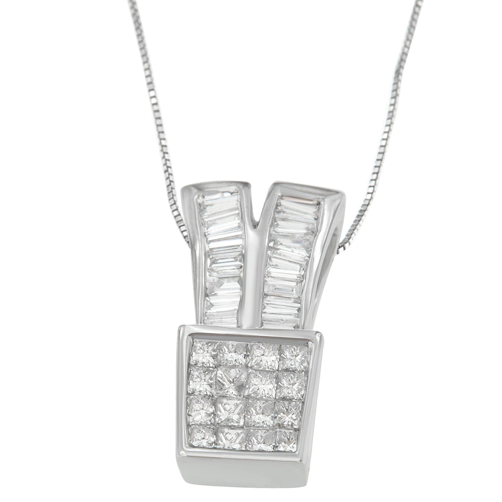 Front-facing close-up of a white metal necklace pendant featuring a square section with princess-shaped white gemstones in a channel setting and two upward bands set with baguette-shaped white gemstones.
