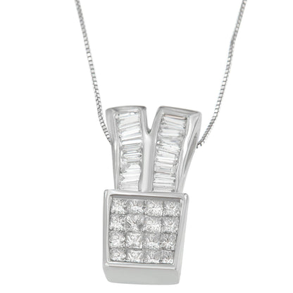 Front-facing close-up of a white metal necklace pendant featuring a square section with princess-shaped white gemstones in a channel setting and two upward bands set with baguette-shaped white gemstones.