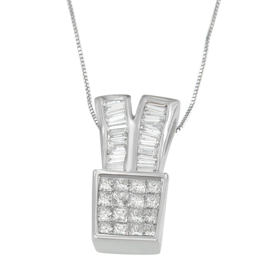 Front-facing close-up of a white metal necklace pendant featuring a square section with princess-shaped white gemstones in a channel setting and two upward bands set with baguette-shaped white gemstones.