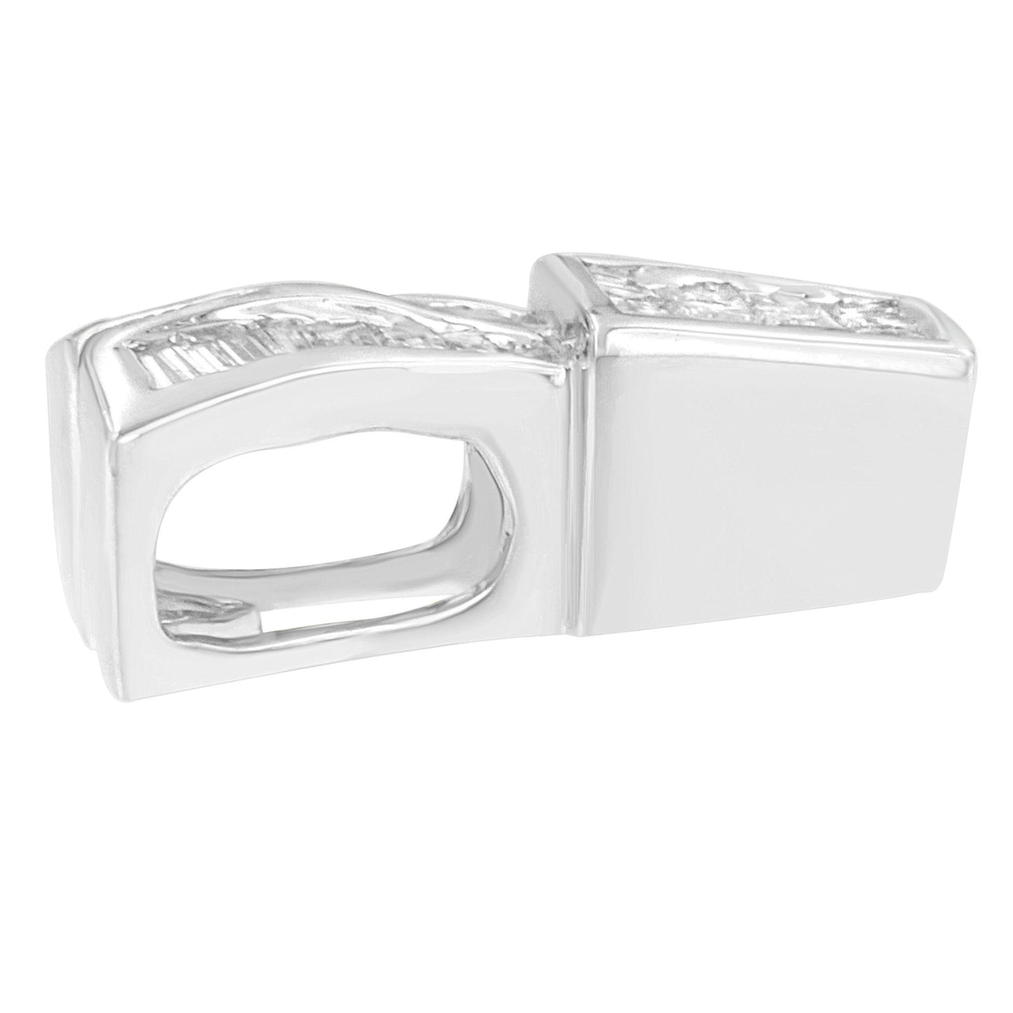 Close-up side view of white metal necklace clasp with channel-set white gemstones in princess and baguette shapes.