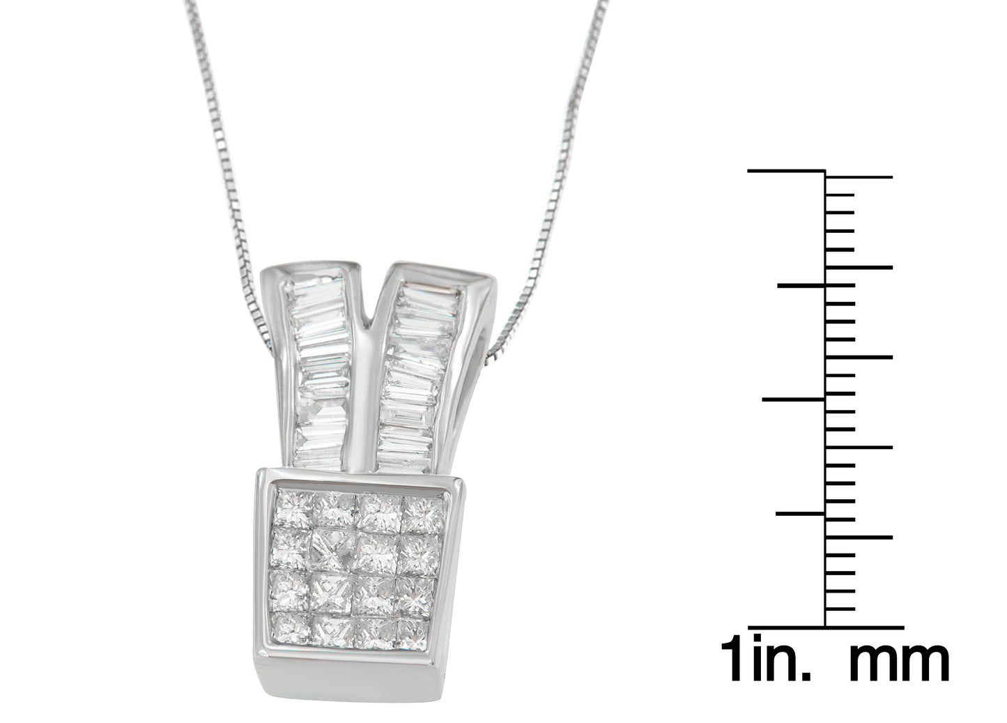 Front-facing white metal necklace pendant with a square section featuring multiple princess-shaped white gemstones in a channel setting, topped by two vertical rows of baguette-shaped white gemstones in a channel setting, shown against a white background with a ruler for size reference on the right.
