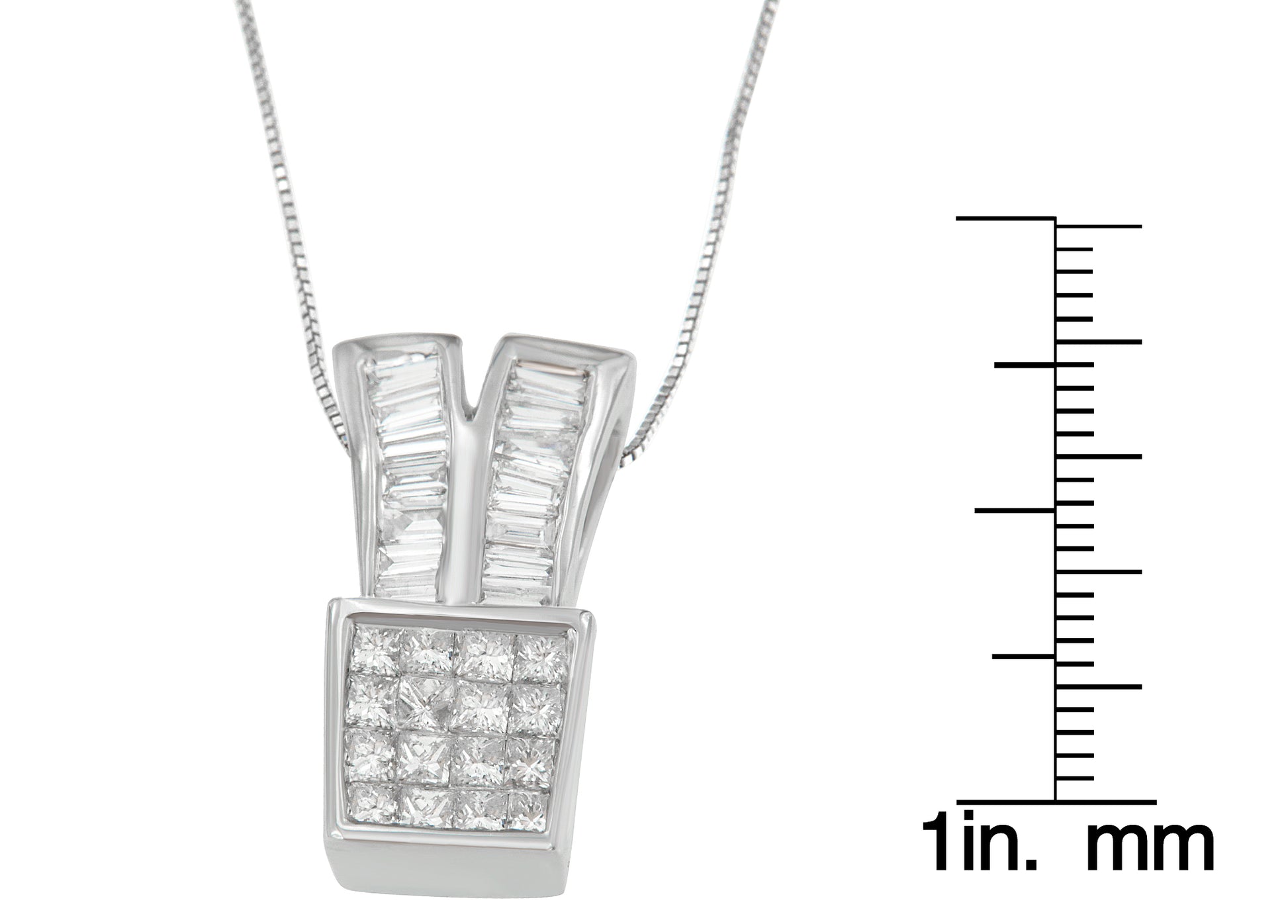 Front-facing white metal necklace pendant with a square section featuring multiple princess-shaped white gemstones in a channel setting, topped by two vertical rows of baguette-shaped white gemstones in a channel setting, shown against a white background with a ruler for size reference on the right.
