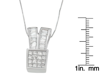 Front-facing white metal necklace pendant with a square section featuring multiple princess-shaped white gemstones in a channel setting, topped by two vertical rows of baguette-shaped white gemstones in a channel setting, shown against a white background with a ruler for size reference on the right.