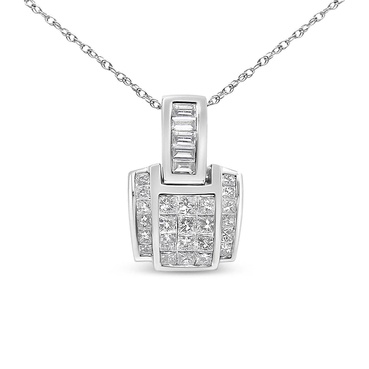 Front view of a white metal necklace with a geometric pendant featuring channel-set white gemstones in princess and baguette shapes.