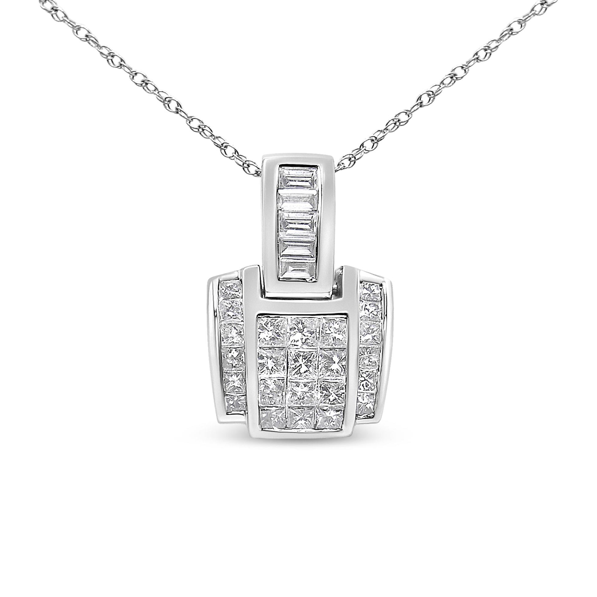 Front view of a white metal necklace with a geometric pendant featuring channel-set white gemstones in princess and baguette shapes.