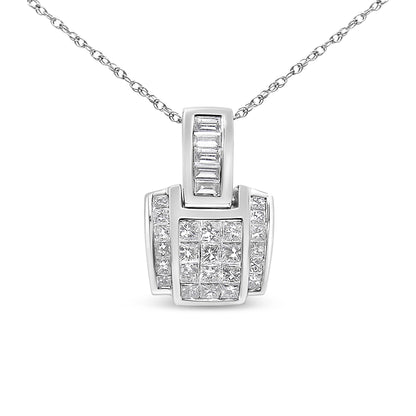 Front view of a white metal necklace with a geometric pendant featuring channel-set white gemstones in princess and baguette shapes.