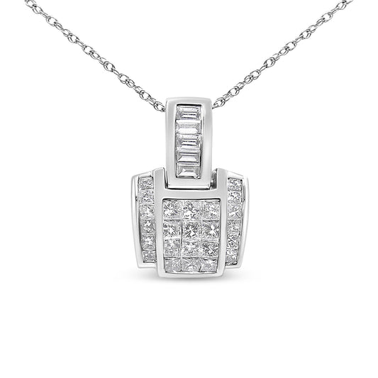 Front view of a white metal necklace with a geometric pendant featuring channel-set white gemstones in princess and baguette shapes.