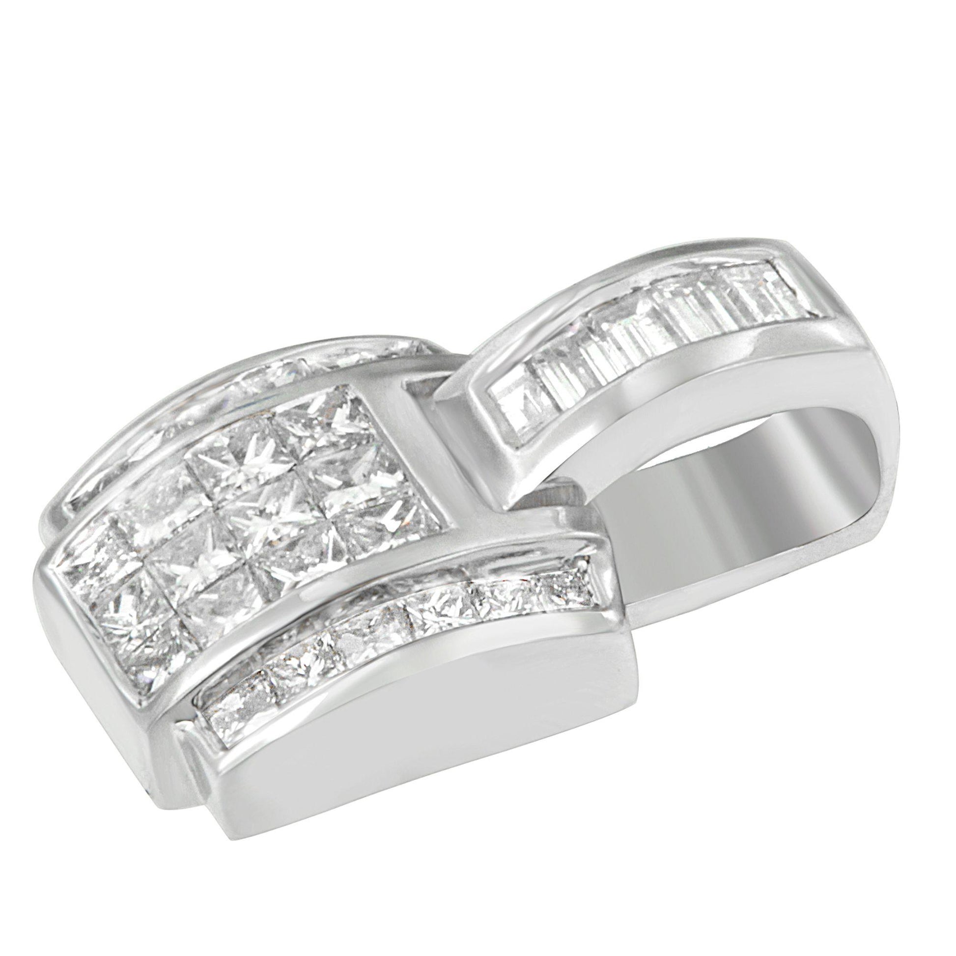 Close-up angled view of a white metal necklace pendant featuring white princess and baguette-shaped gemstones in channel settings.