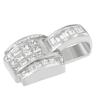 Close-up angled view of a white metal necklace pendant featuring white princess and baguette-shaped gemstones in channel settings.