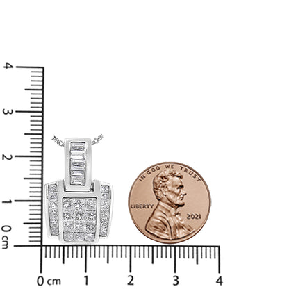 White necklace pendant with princess and baguette-shaped white gemstones in channel settings, shown on a scale next to a penny, front angle.