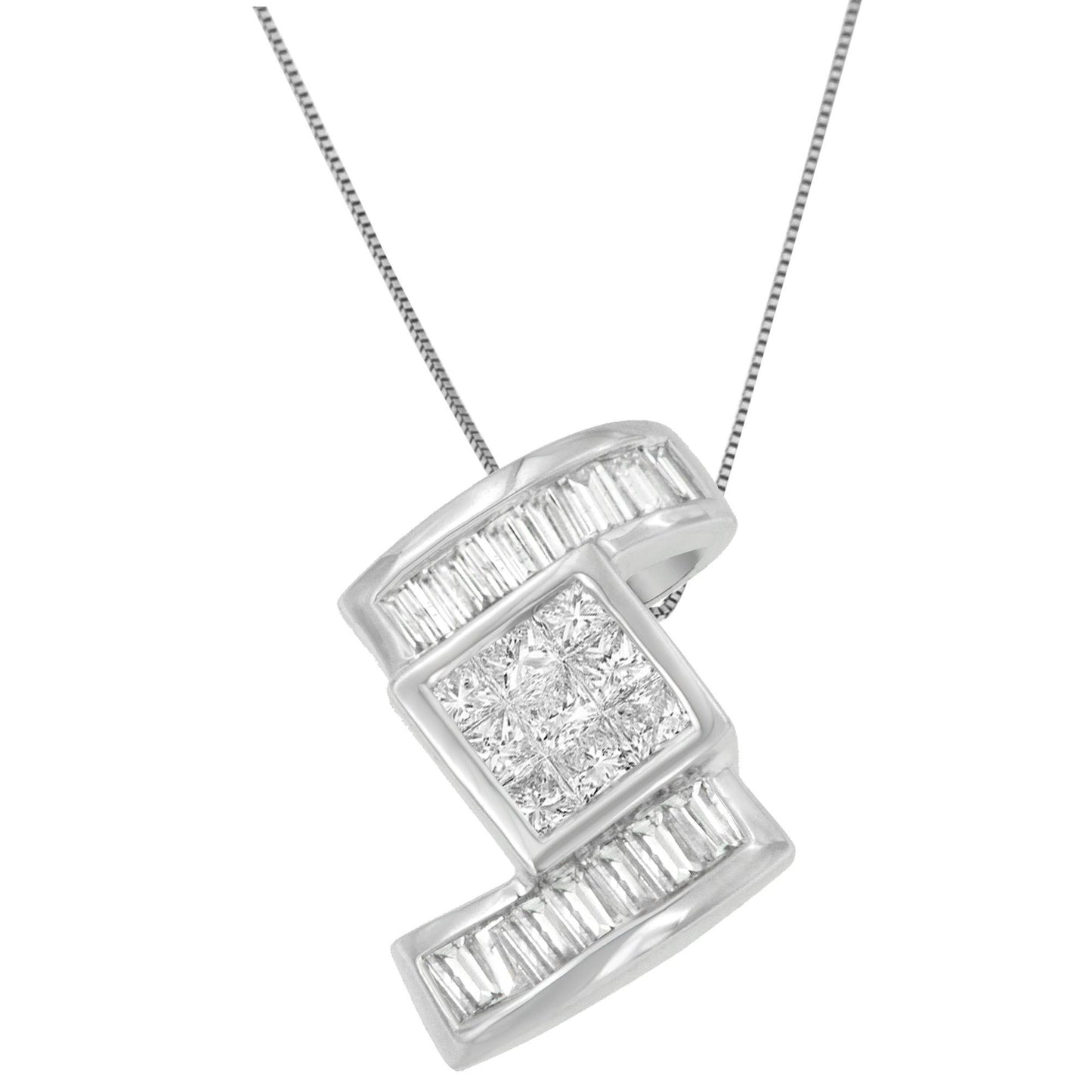 Close-up front angle of a white metal necklace pendant featuring a square cluster of princess-shaped white gemstones in the center, flanked above and below by rows of channel-set baguette-shaped white gemstones.
