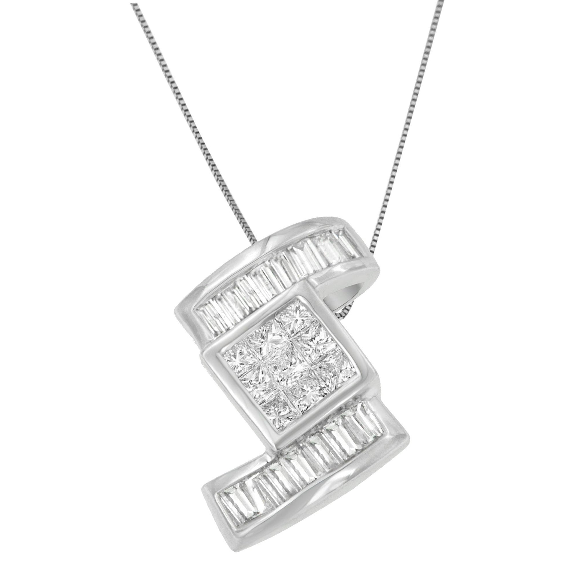 Close-up front angle of a white metal necklace pendant featuring a square cluster of princess-shaped white gemstones in the center, flanked above and below by rows of channel-set baguette-shaped white gemstones.