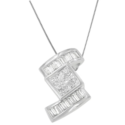 Close-up front angle of a white metal necklace pendant featuring a square cluster of princess-shaped white gemstones in the center, flanked above and below by rows of channel-set baguette-shaped white gemstones.