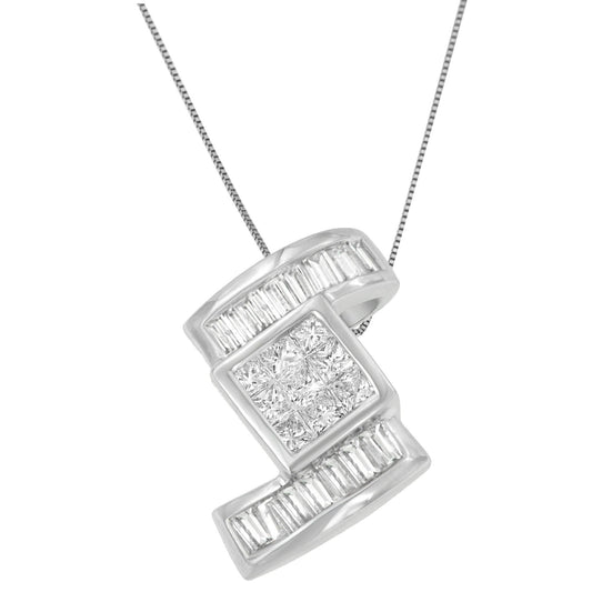Close-up front angle of a white metal necklace pendant featuring a square cluster of princess-shaped white gemstones in the center, flanked above and below by rows of channel-set baguette-shaped white gemstones.