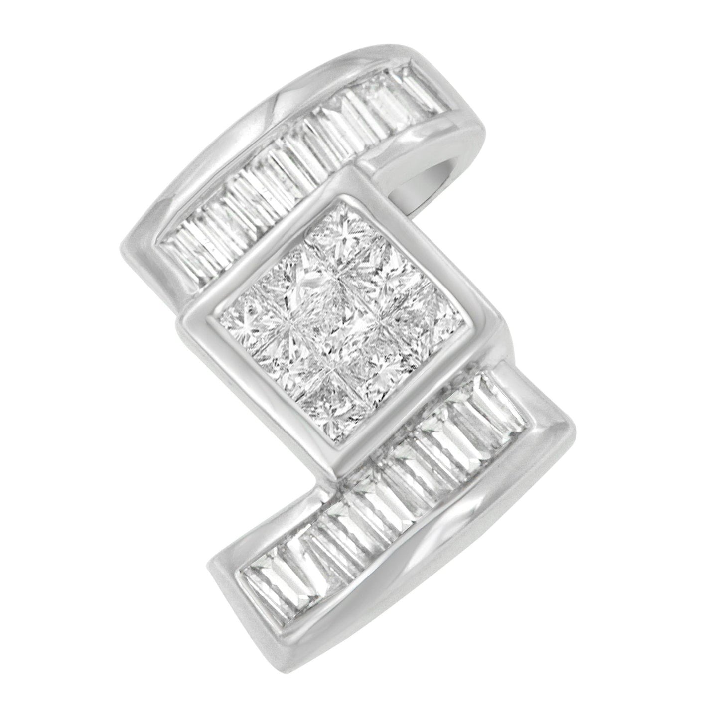 Close-up angled view of a white metal necklace pendant featuring a square cluster of princess-shaped white gemstones in channel setting, flanked by rows of baguette-shaped white gemstones on each side.