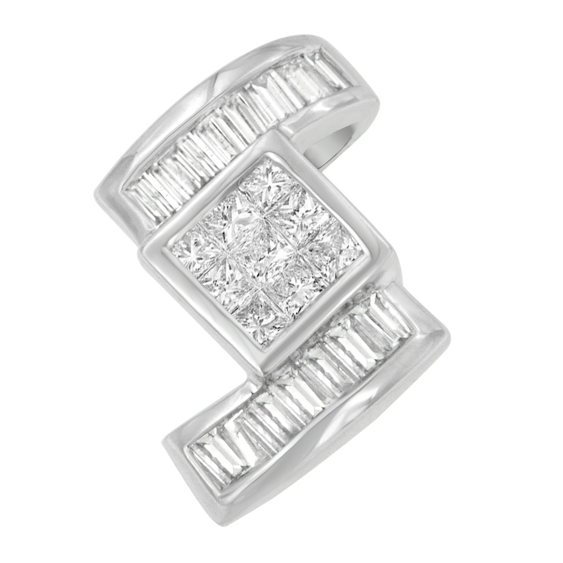 Close-up angled view of a white metal necklace pendant featuring a square cluster of princess-shaped white gemstones in channel setting, flanked by rows of baguette-shaped white gemstones on each side.